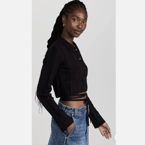 Something Navy Cropped Ribbed Button Up Sweater w/ Strappy Waist Tie in M/Medium - Picture 6 of 8